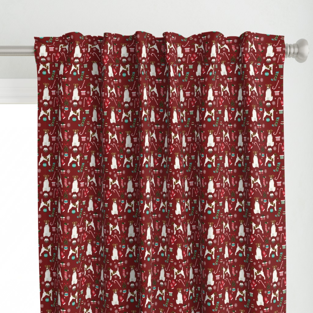smooth fox terrier christmas fabric - dog holiday fabric, xmas fabric - burgundy