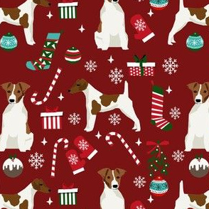 smooth fox terrier christmas fabric - dog holiday fabric, xmas fabric - burgundy