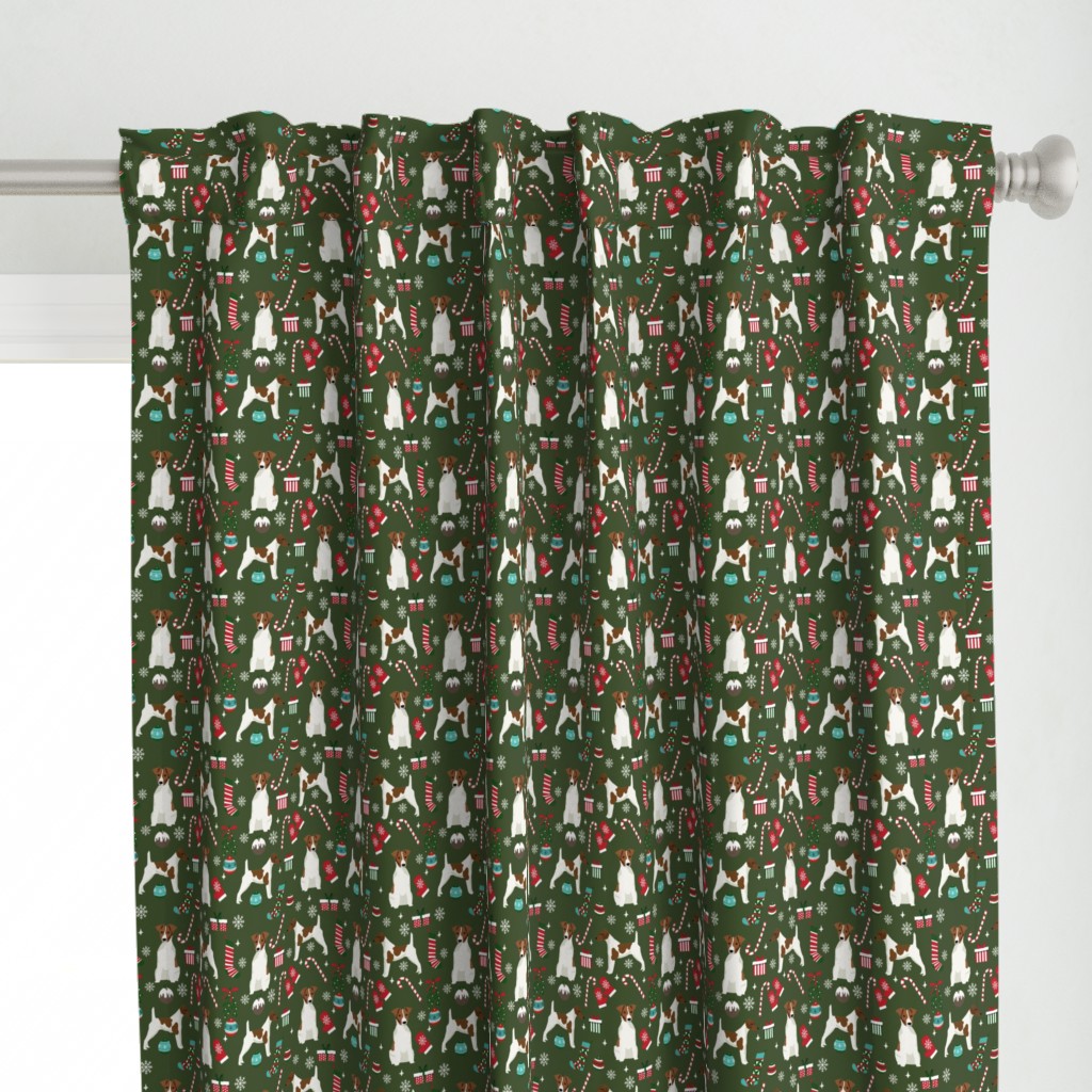 smooth fox terrier christmas fabric - dog holiday fabric, xmas fabric - dark green