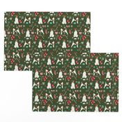 smooth fox terrier christmas fabric - dog holiday fabric, xmas fabric - dark green