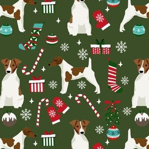 smooth fox terrier christmas fabric - dog holiday fabric, xmas fabric - dark green
