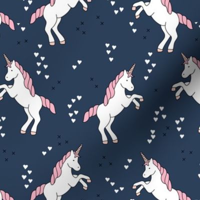 Unicorn love rainbow dreams girls fantasy horse in pastel navy blue pink