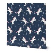 Unicorn love rainbow dreams girls fantasy horse in pastel navy blue pink