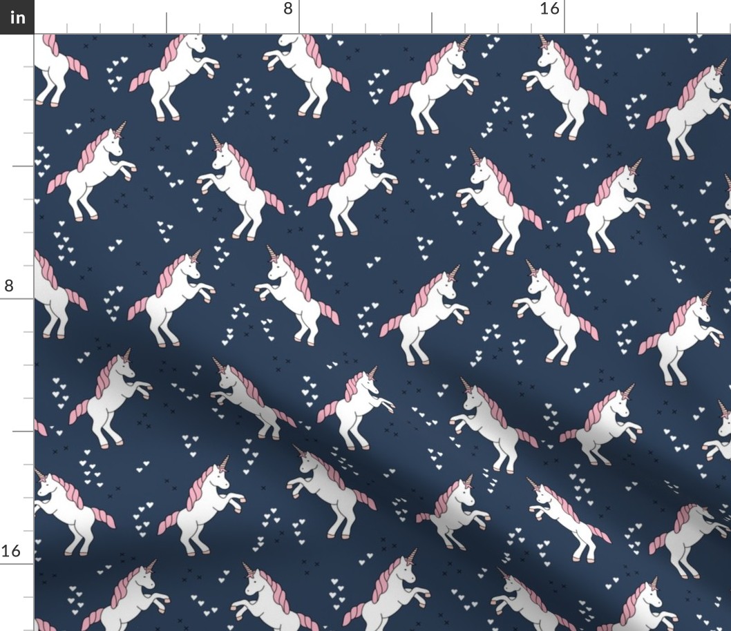 Unicorn love rainbow dreams girls fantasy horse in pastel navy blue pink