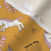 Little Unicorn botanical garden dreams palm leaves and unicorns dream pattern ochre yellow pink