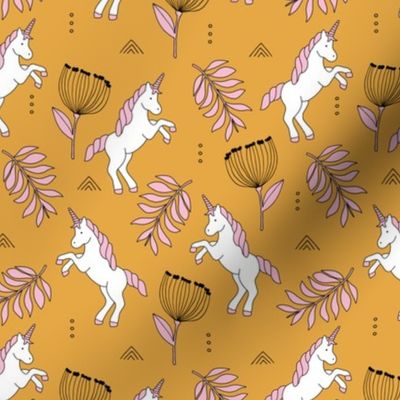 Little Unicorn botanical garden dreams palm leaves and unicorns dream pattern ochre yellow pink