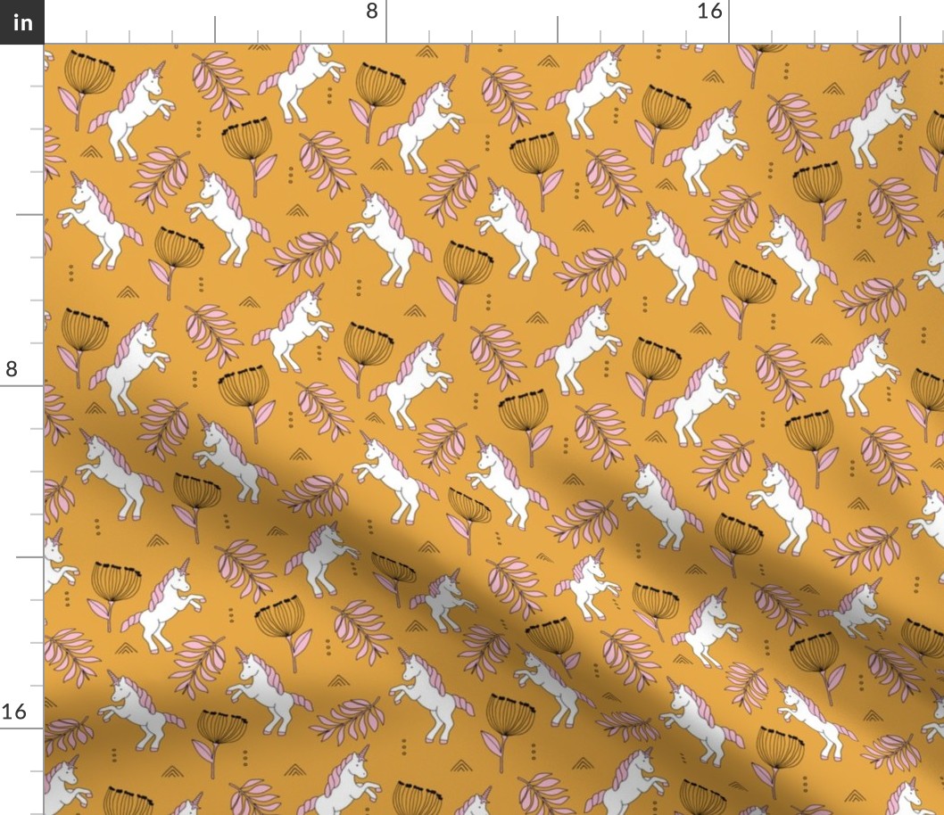 Little Unicorn botanical garden dreams palm leaves and unicorns dream pattern ochre yellow pink