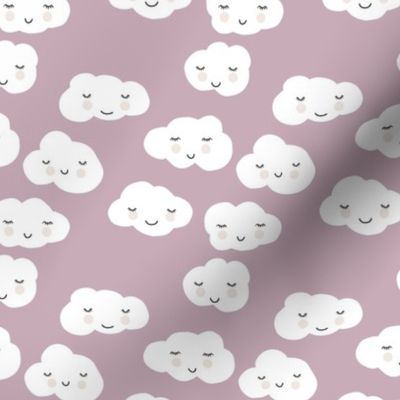 Sweet puffy clouds kawaii sky smiling sleepy cloud in fall lilac mauve white SMALL