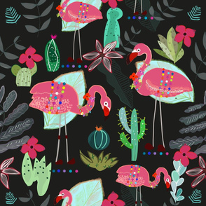 Flamingo and Cactus. Tropical Flowers Pattern