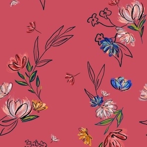 Hand-Drawn Spring Floral Salmon Red