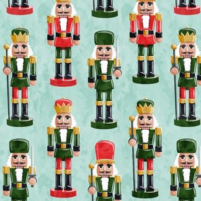 Nutcrackers - red and green on aqua - Christmas fabric - Soldier nutcrackers- LAD19