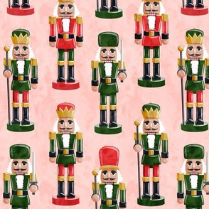 Nutcrackers - green and red on pink - Christmas fabric - Soldier nutcrackers- LAD19