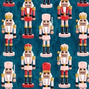 Nutcrackers - red and pink on blue - Christmas fabric - Soldier nutcrackers- LAD19