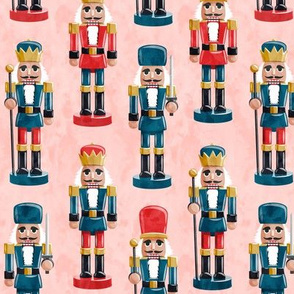 Nutcrackers - blue and red on pink - Christmas fabric - Soldier nutcrackers- LAD19