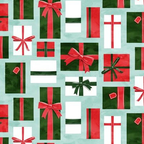 gifts - presents in red and green on aqua - LAD19