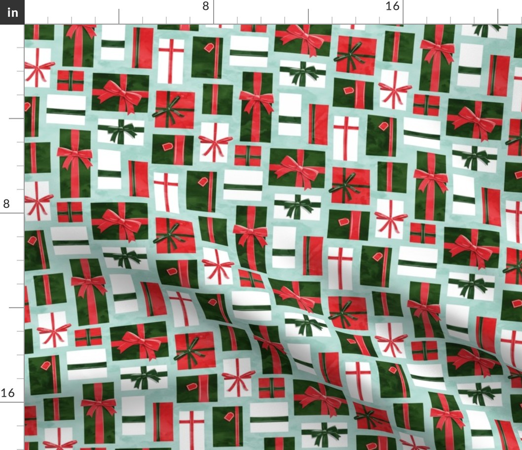 gifts - presents in red and green on aqua - LAD19