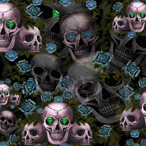 Skull and blue roses