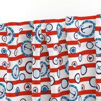 Seamless pattern of holiday nautical symbols over red stripes