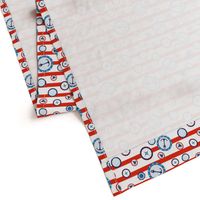 Seamless pattern of holiday nautical symbols over red stripes