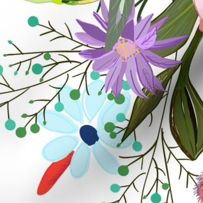 Alstroemerias, Fuchsia, Roses, Vanilla, Cosmos Flower. Floral Colorful Bouquet Pattern