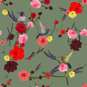 Birds With Hibiscus and Roses Pattern