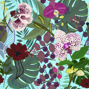 Orchid and cosmos flower botanical floral pattern