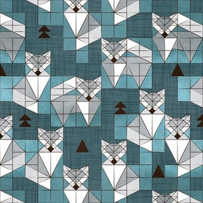 Small scale // Blocked geometric foxes // teal background white and grey foxy animals