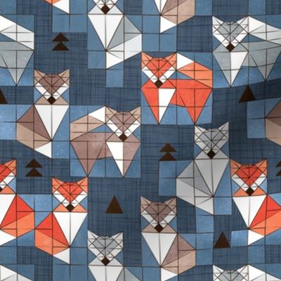 Small scale // Blocked geometric foxes // blue background white grey orange and brown foxy animals