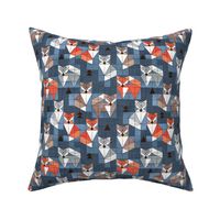 Small scale // Blocked geometric foxes // blue background white grey orange and brown foxy animals