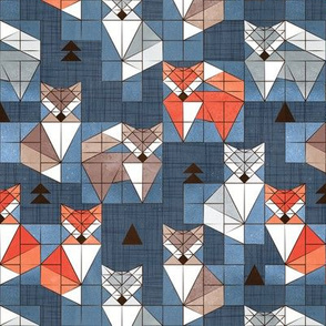 Small scale // Blocked geometric foxes // blue background white grey orange and brown foxy animals