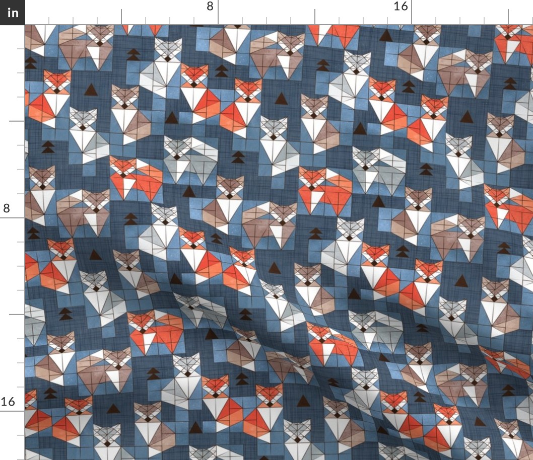 Small scale // Blocked geometric foxes // blue background white grey orange and brown foxy animals