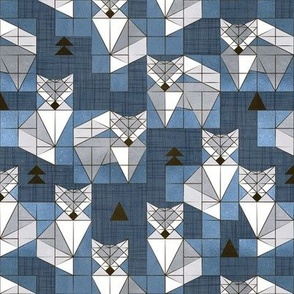 Small scale // Blocked geometric foxes // blue background white and grey foxy animals