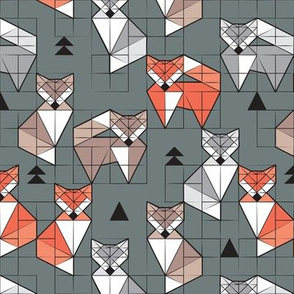 Small scale // Blocked geometric foxes // green background white grey orange and brown foxy animals