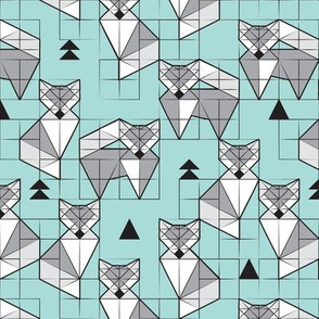 Small scale // Blocked geometric foxes // aqua background white and grey foxy animals