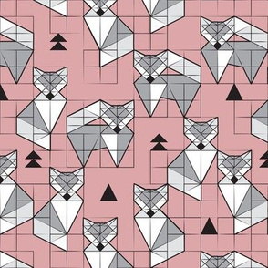 Small scale // Blocked geometric foxes // pink background white and grey foxy animals