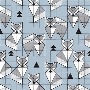 Small scale // Blocked geometric foxes // pastel blue background white and grey foxy animals