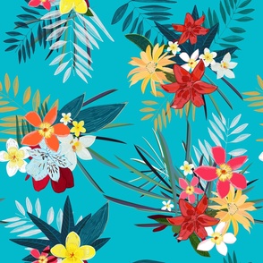 Frangipani lily palm leaves tropical vibrant colored trendy summer pattern