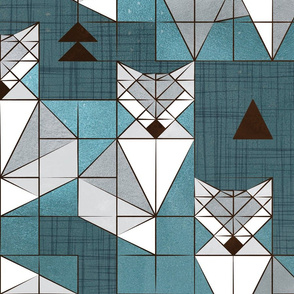 Large jumbo scale // Blocked geometric foxes // teal background white and grey foxy animals