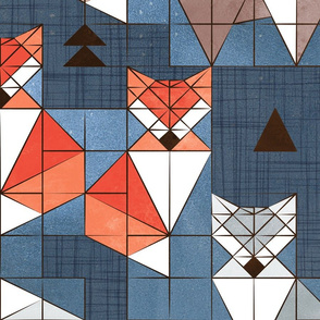 Large jumbo scale // Blocked geometric foxes // blue background white grey orange and brown foxy animals