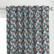 Small scale // Blocked geometric foxes // teal background white grey orange and brown foxy animals