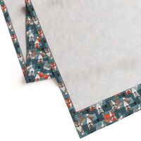 Small scale // Blocked geometric foxes // teal background white grey orange and brown foxy animals