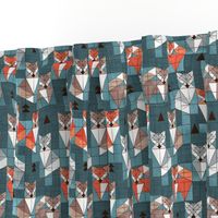 Small scale // Blocked geometric foxes // teal background white grey orange and brown foxy animals