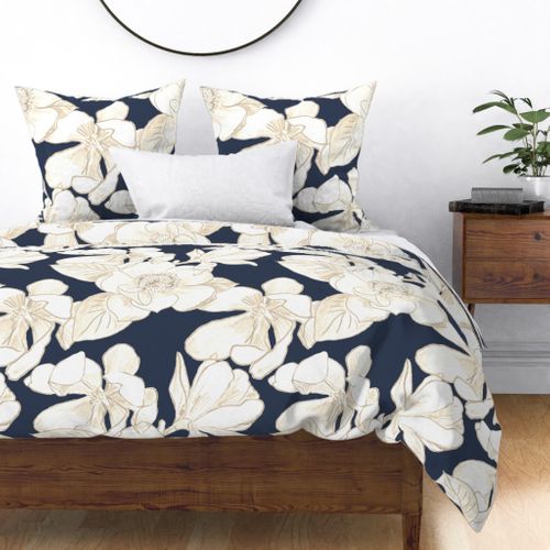 Navy Magnolia Grandiflora Fabric | Spoonflower