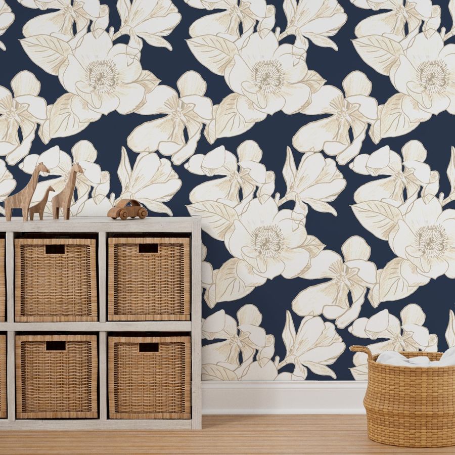 Navy Magnolia Grandiflora Wallpaper | Spoonflower