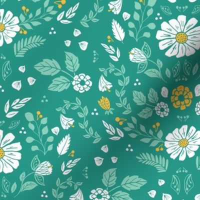 Daisy Folk Floral on Green