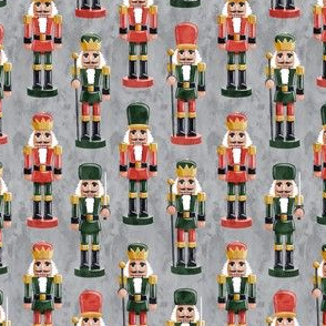 (small scale) Nutcrackers - green on red on grey - Christmas fabric - Soldier nutcrackers- LAD19
