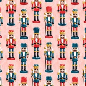 (small scale) Nutcrackers - blue and red on pink - Christmas fabric - Soldier nutcrackers- LAD19