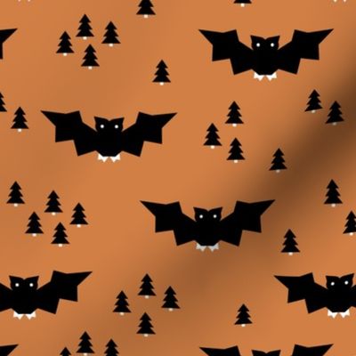 Minimal geometric bats and trees halloween woodland night copper black terra cotta