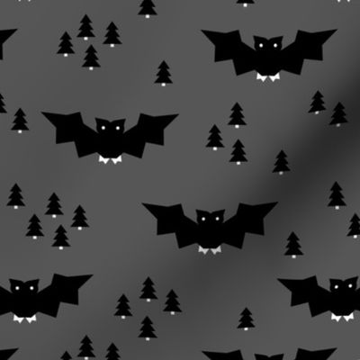 Minimal geometric bats and trees halloween woodland night black gray