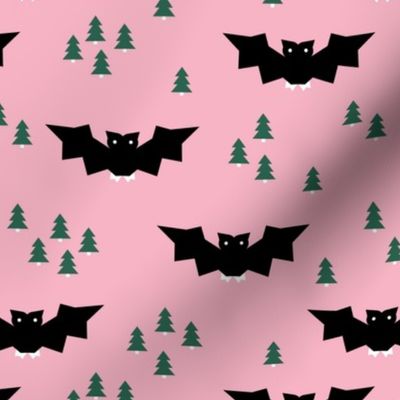 Minimal geometric bats and trees halloween woodland night pink emerald green girls